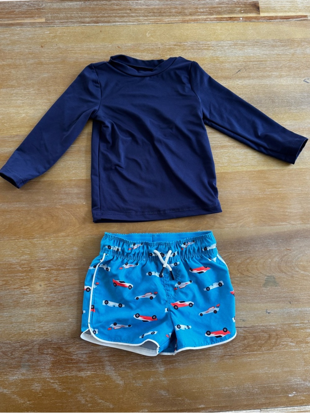 Toddler Boy - Size 2T - Navy Long-Sleeve Rash Guard & Blue Racecar Swim Shorts